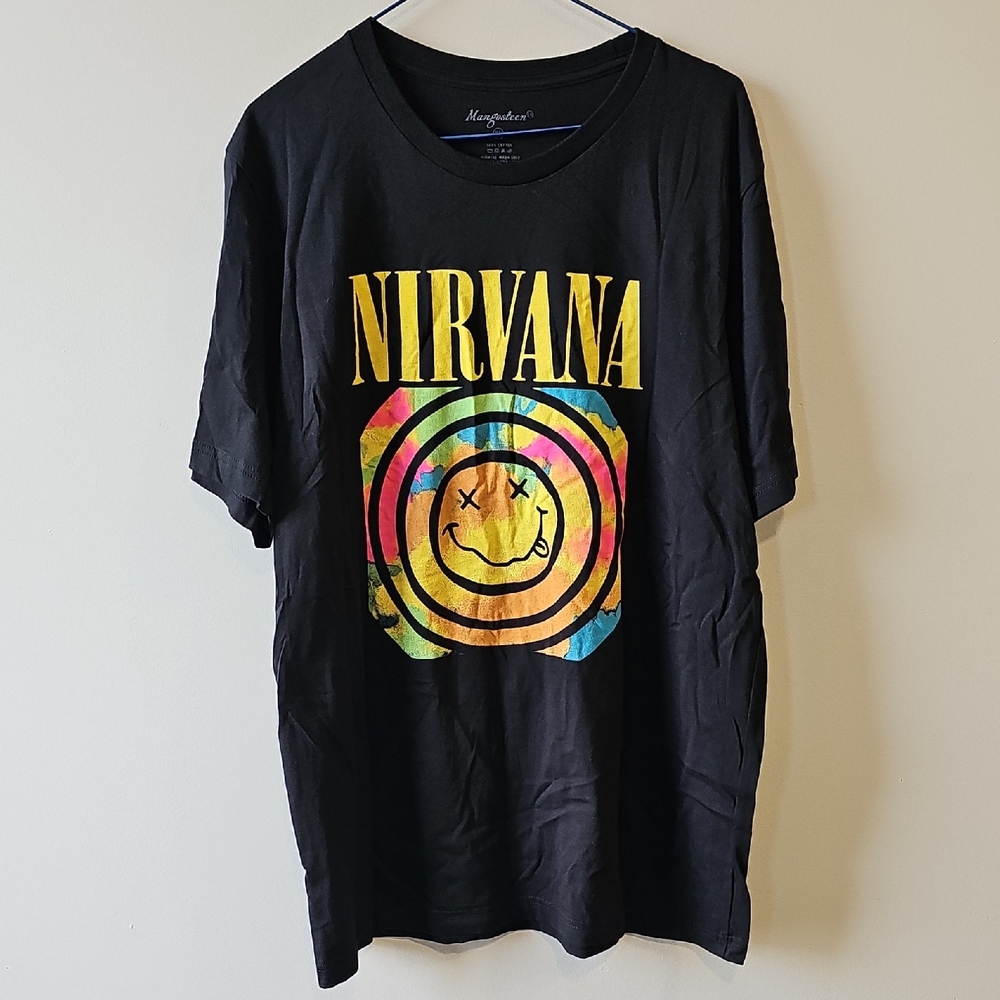 NIRVANA XL Black Tee with Multicolor Tie-Dye Smiley Logo